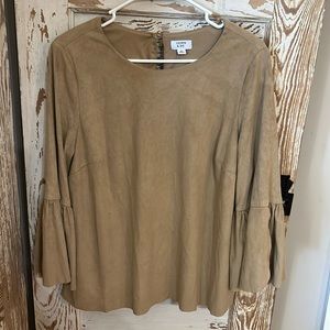 Crown & Ivy Size XL Tan Faux Suede with Bell Long Sleeves Blouse